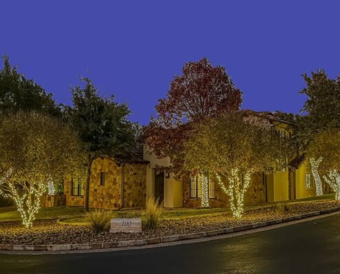 Corner estate with a row of trees wrapped in warm white lights