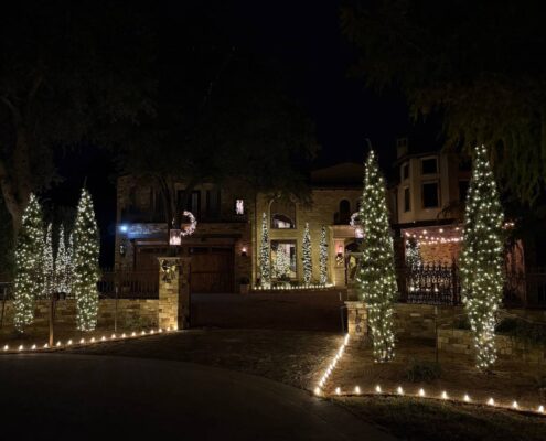 Tall cypress trees wrapped in white lights with lights lining the driveway