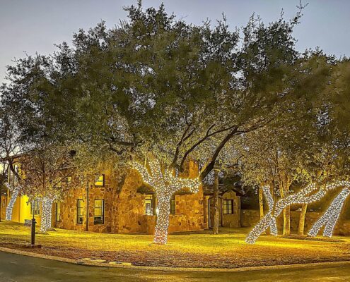 Stone home with live oak trunks wrapped in white Christmas lights
